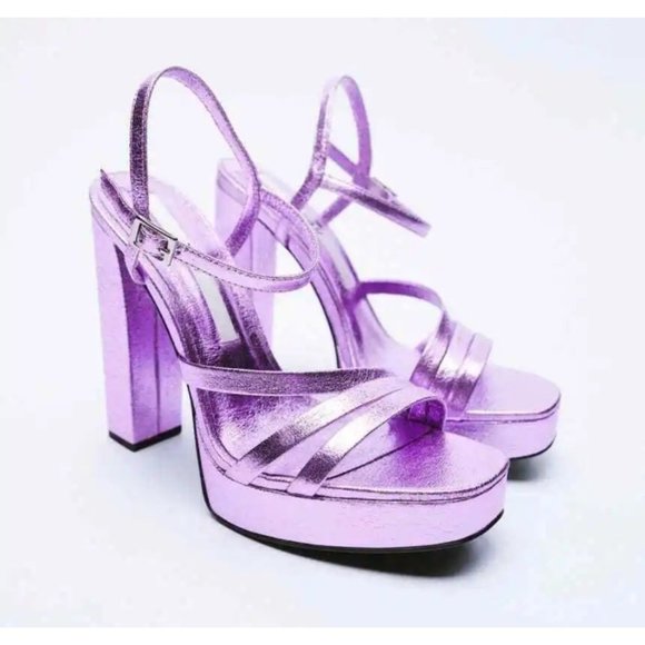 ZARA metallic purple foil platform heeled sandal size 39 - Picture 1 of 15